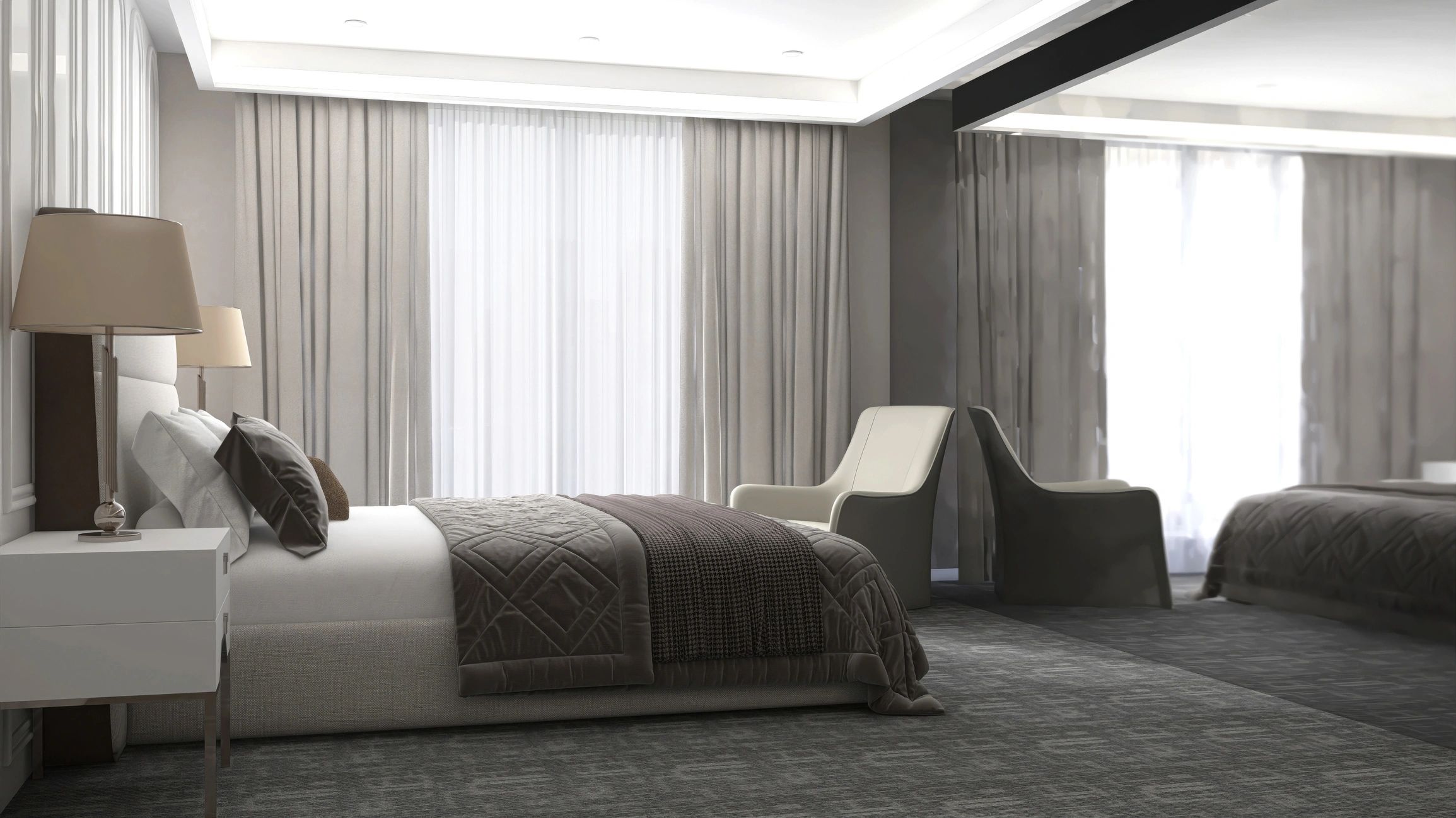 Upscale bedroom interior with warm tones and natural light